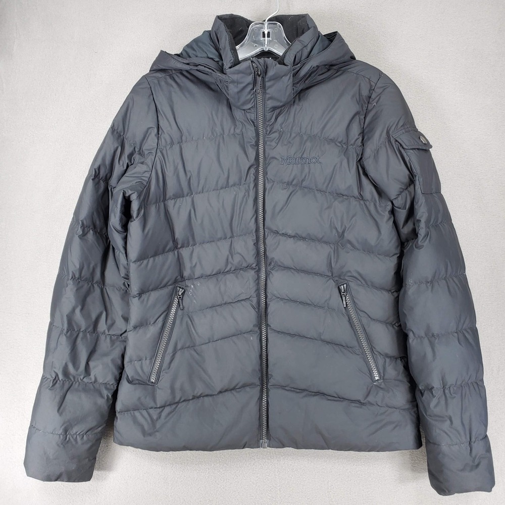 Marmot Puffer Jacket Women S Black Hooded Down Insulated Quilted Full Zip Coat